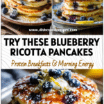 Golden Ricotta Lemon Pancakes with blueberries and drizzled syrup served on a rustic breakfast table.